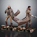 Detailed Game Movie Character Figures With Long Coat Holding Pistol Standing On Stone Grass Base