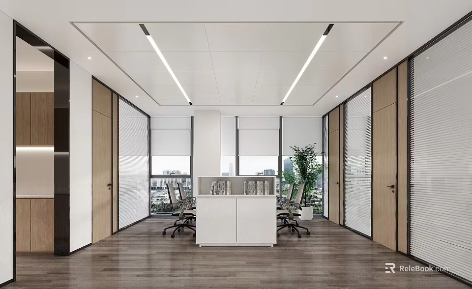 Modern Open Public Office Space With Wooden Flooring White Reception Desk And Glass Partitions 3d model 