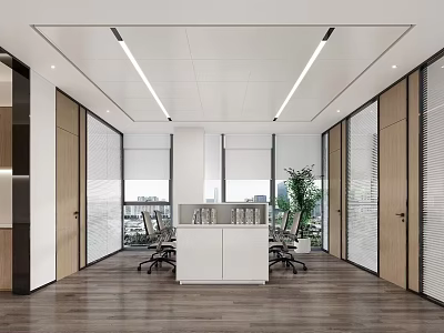 Modern Open Public Office Space With Wooden Flooring White Reception Desk And Glass Partitions 3d model