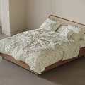 Minimalist Double Bed With Wooden Headboard And Floral Bedding In Light Colored Room