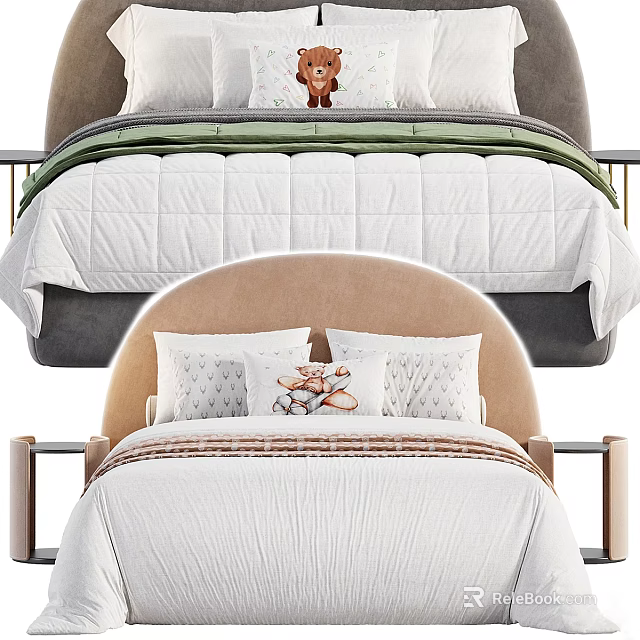 Cozy Double Bed With Soft Bedding Upholstered Headboard And Neutral Tones Design 3d model