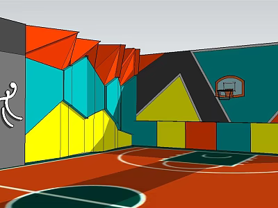 Indoor Colorful Geometric Basketball Court With Hoop For Fitness Sports Training 3d model