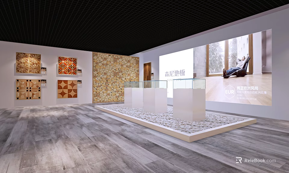 Stone Flooring Showroom With Wall Mounted Samples White Display Stands And Gray Flooring 3d model 