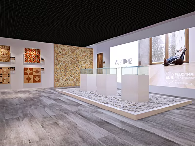 Stone Flooring Showroom With Wall Mounted Samples White Display Stands And Gray Flooring 3d model