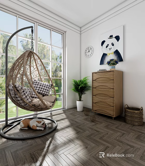 Woven Rattan Hanging Chair In Cozy Indoor Space With Plush Checkered Cushions Large Window And Greenery View 3d model 