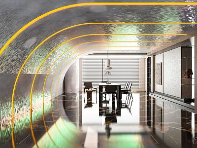Modern Futuristic Restaurant Interior With Curved Yellow Light Strips Reflective Materials And Black Dining Table 3d model