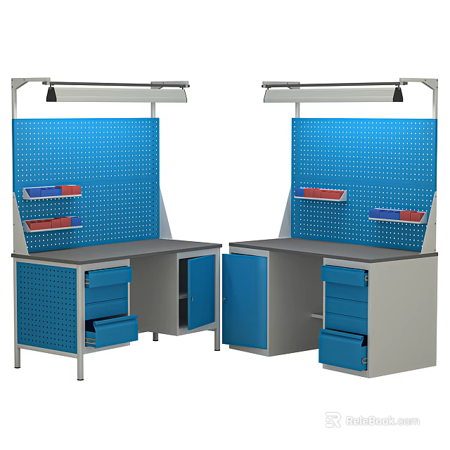 Functional Workbench Featuring Blue Perforated Board Drawers Cabinet Doors And Overhead Light 3d model