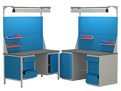 Functional Workbench Featuring Blue Perforated Board Drawers Cabinet Doors And Overhead Light 3d model