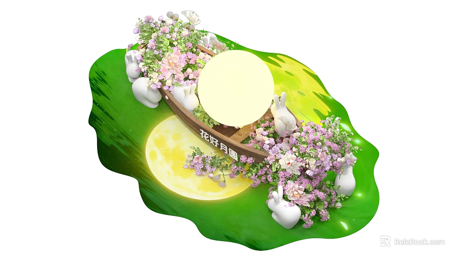 Flower Boat Photo Check in Spot with Pink White Flowers Green Background Moon and Rabbits 3d model 