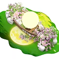 Flower Boat Photo Check in Spot with Pink White Flowers Green Background Moon and Rabbits