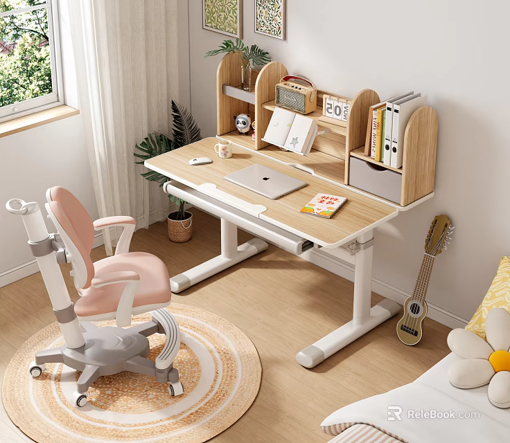 Adjustable Kids Desk With Ergonomic Pink Chair Bookshelf And Laptop On Wooden Floor 3d model 