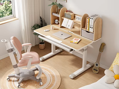 Adjustable Kids Desk With Ergonomic Pink Chair Bookshelf And Laptop On Wooden Floor 3d model