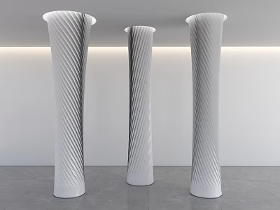 Three White Spiral Columns in Modern Minimalist Interior with Recessed Lighting 3d model