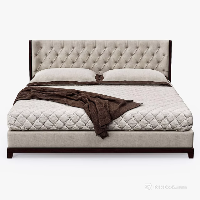 Elegant Double Bed With Tufted Headboard Quilted Mattress And Brown Blanket 3d model 