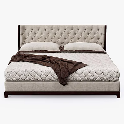 Elegant Double Bed With Tufted Headboard Quilted Mattress And Brown Blanket 3d model