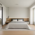 Modern Minimalist Bedroom With Wooden Flooring White Curtains Nightstands And Open Bathroom Entrance