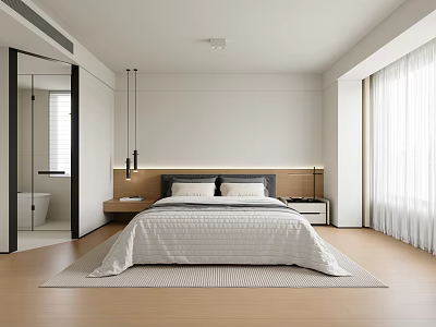 Modern Minimalist Bedroom With Wooden Flooring White Curtains Nightstands And Open Bathroom Entrance 3d model