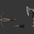 Ancient Medieval Weapons Crossbow Axe And Dagger With Carved Wooden Handles And Decorative Blades