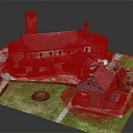 Cartoon Scene of Charming Building with Bell Tower Gray Roof Green Lawn and Small House