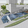 Modern Sales Office Building with Glass Facade Green Landscape Water Feature and Pedestrian Walkway