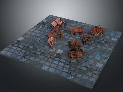 Cartoon Scene With Small Houses And Red Roofs On Stone Tile Ground 3d model