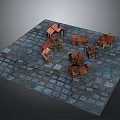 Cartoon Scene With Small Houses And Red Roofs On Stone Tile Ground