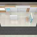 Modern Hall Interior With Gray Carpet White And Wooden Walls Blue Equipment And Screens