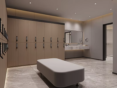 Modern Locker Room Interior with Wooden Lockers Gray Floor Bench Mirror and Sink Counter 3d model