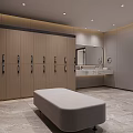 Modern Locker Room Interior with Wooden Lockers Gray Floor Bench Mirror and Sink Counter