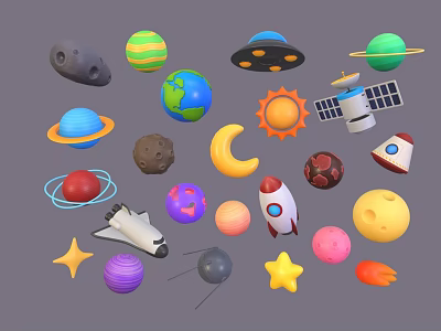 Diverse Space And Astronomy Elements Including Planets Rockets Satellites Stars Moon And Spaceships 3d model