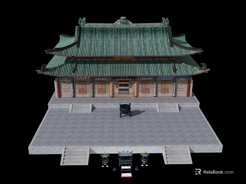 Ancient Chinese Architecture with Green Tiled Roof and Multiple Eaves on Stone Platform with Steps 3d model 