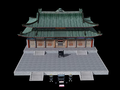 Ancient Chinese Architecture with Green Tiled Roof and Multiple Eaves on Stone Platform with Steps 3d model