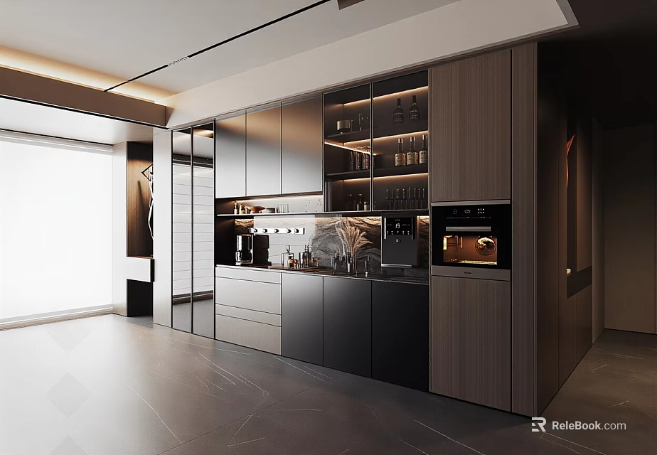Modern Buffet Cabinet Design With Glass Doors Built-in Appliances And Wooden Panels 3d model 