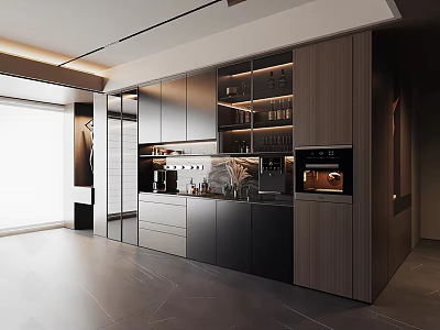 Modern Buffet Cabinet Design With Glass Doors Built-in Appliances And Wooden Panels 3d model
