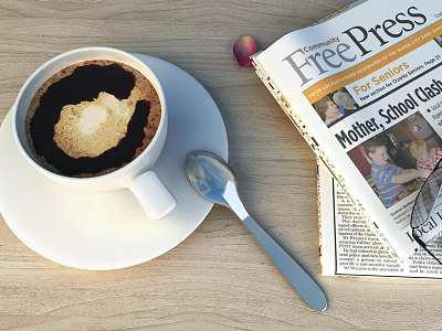A Cup of Coffee with Latte Art on Saucer and Spoon Next to Newspaper 3d model