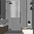 Modern Bathroom Interior With Glass Shower Enclosure Double Sink Vanity Wooden Cabinets And Blinds