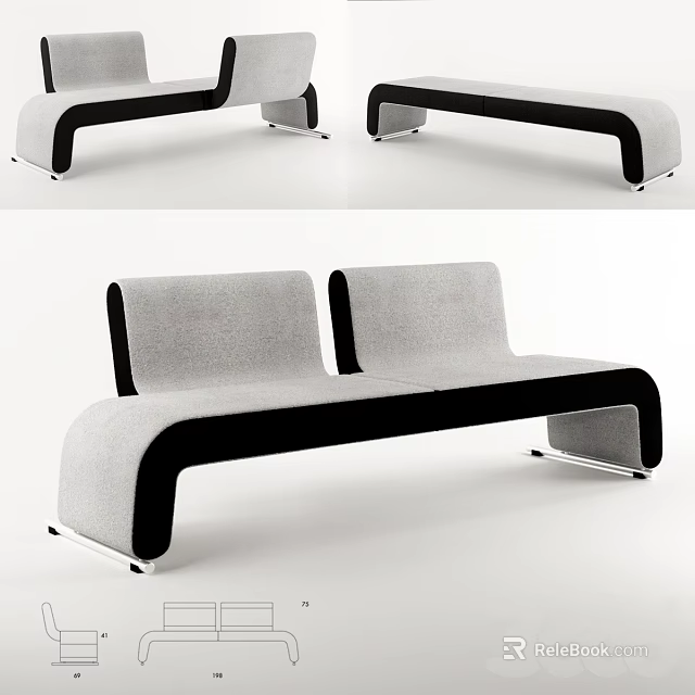Modern Curved Gray Black Fabric Sofa Set With Contemporary Design And Metal Legs 3d model 