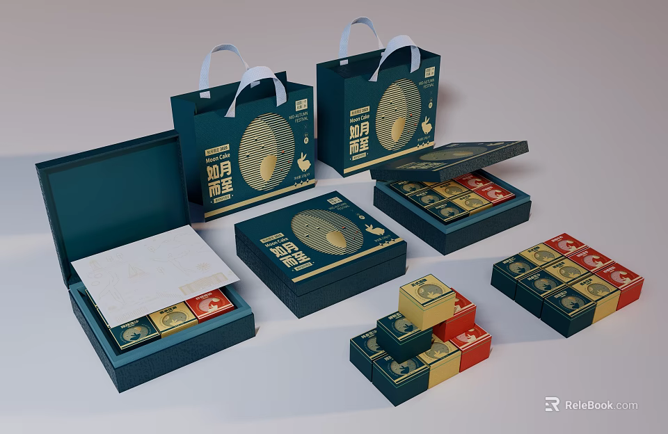 Navy Blue Gift Box Sets With Golden Patterns Open Boxes And Small Red Packages 3d model 
