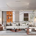 Modern Living Room Interior With Beige Sofa Geometric Pendant Lights And Green Plants