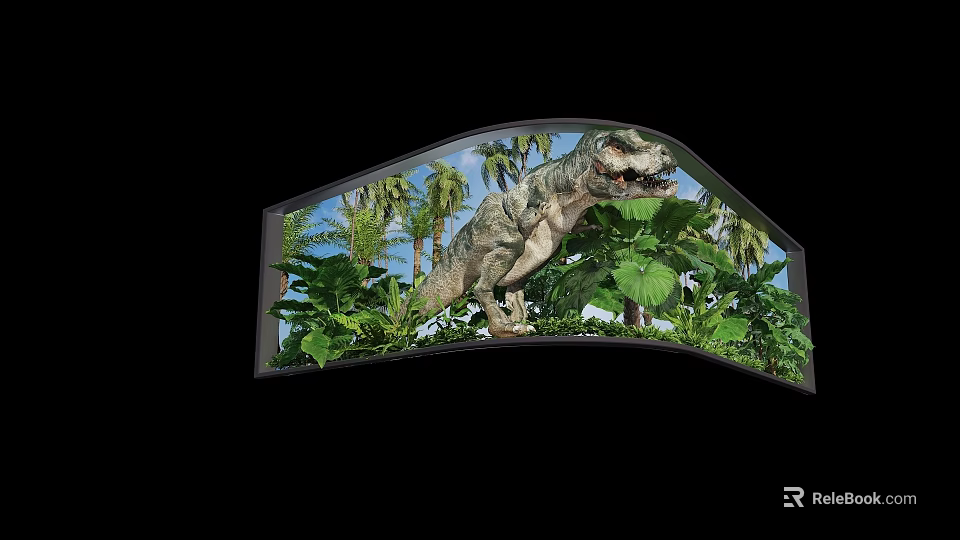 Realistic Tyrannosaurus Rex in Curved Display Window with Green Plants Palm Trees and Blue Sky 3d model 