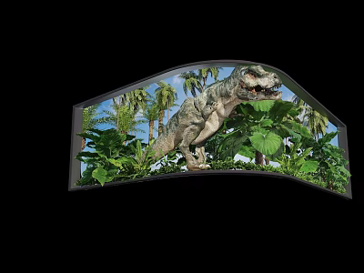 Realistic Tyrannosaurus Rex in Curved Display Window with Green Plants Palm Trees and Blue Sky 3d model