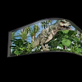 Realistic Tyrannosaurus Rex in Curved Display Window with Green Plants Palm Trees and Blue Sky