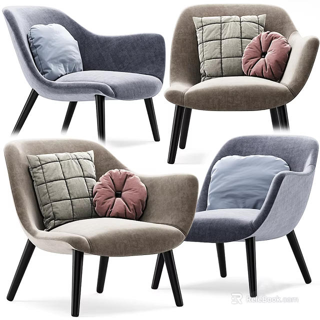 Modern Leisure Chairs With Plaid Round Pink Blue Cushions And Black Legs 3d model 