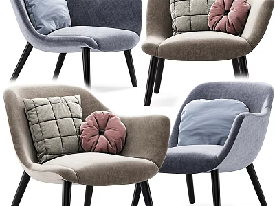 Modern Leisure Chairs With Plaid Round Pink Blue Cushions And Black Legs 3d model