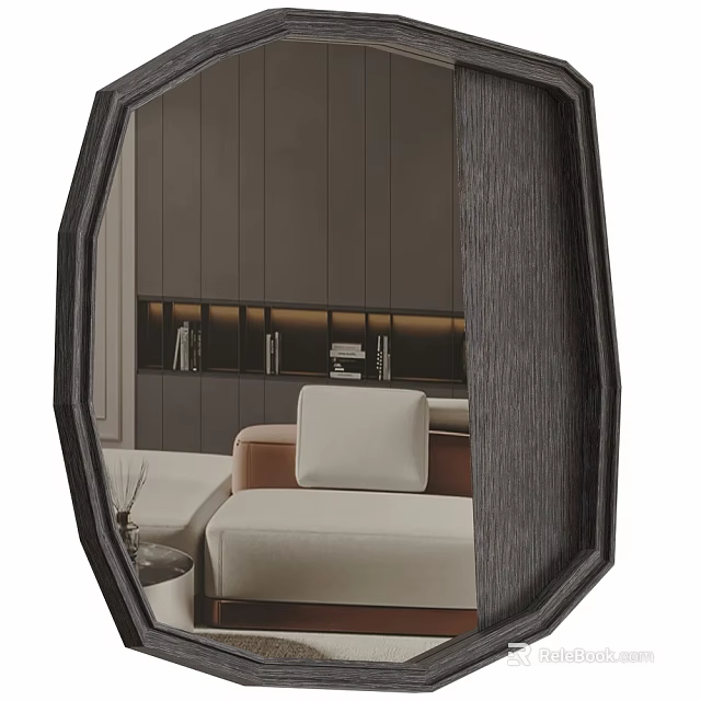 Octagonal Black Framed Mirror in Modern Living Room with Sofa and Shelf Lighting 3d model 