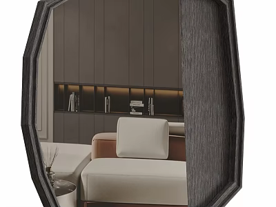 Octagonal Black Framed Mirror in Modern Living Room with Sofa and Shelf Lighting 3d model