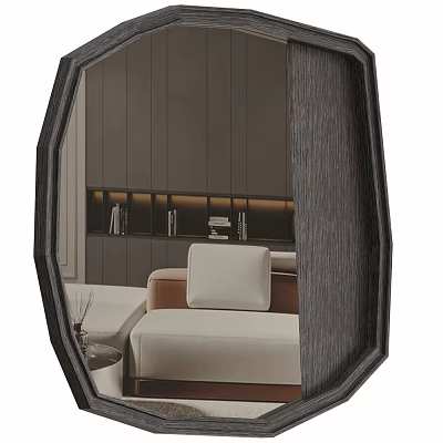 Octagonal Black Framed Mirror in Modern Living Room with Sofa and Shelf Lighting 3d model