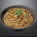 Bowl of Noodles with Red Sauce Chopped Green Onions Sliced Sausage and Garlic