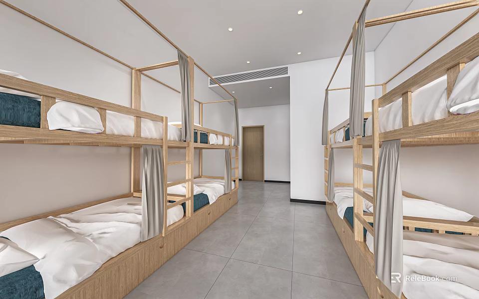 School Dormitory Interior With Bunk Beds And Curtains 3d model