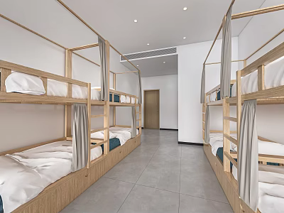 School Dormitory Interior With Bunk Beds And Curtains 3d model